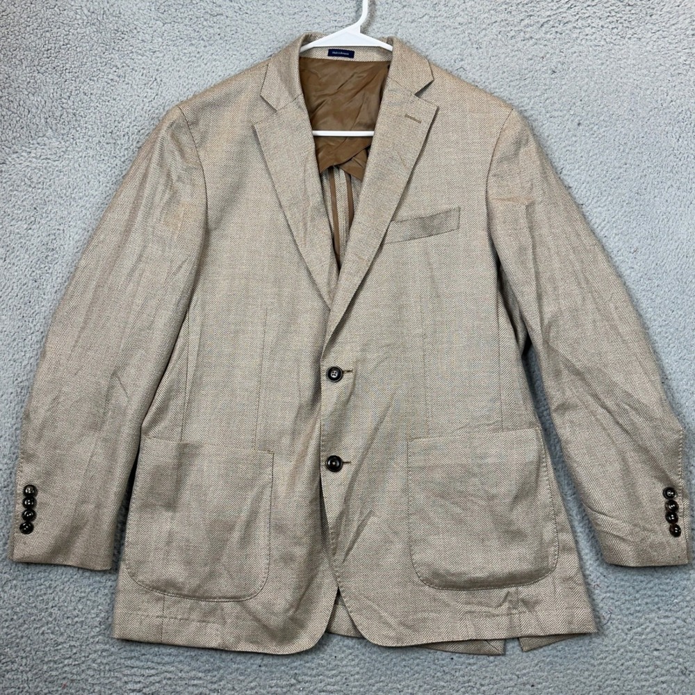 Peter Millar Blazer Mens 42R Crown Crafted Tan Herringbone Cashmere Silk EUC